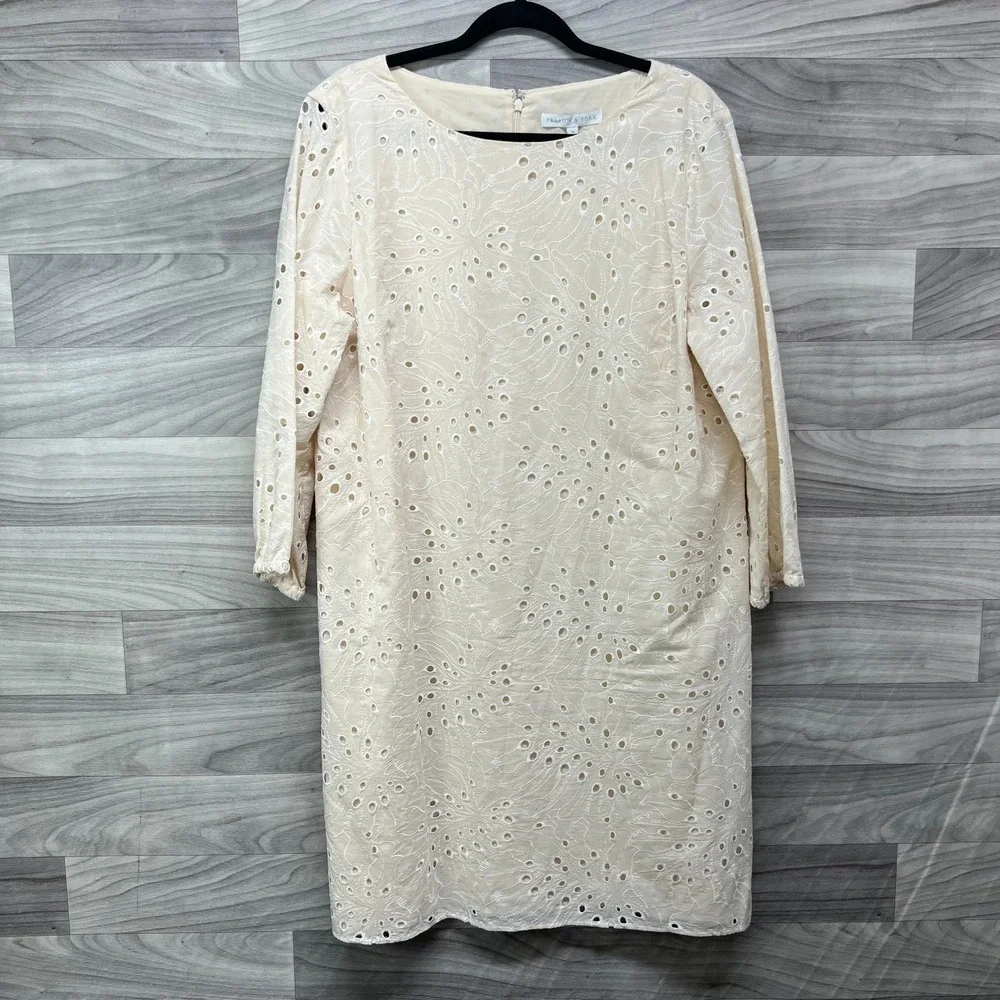 Preston‎ & York Sheath Dress Women's Size 16 Beige 3/4 Sleeve Eyelet Embroidered